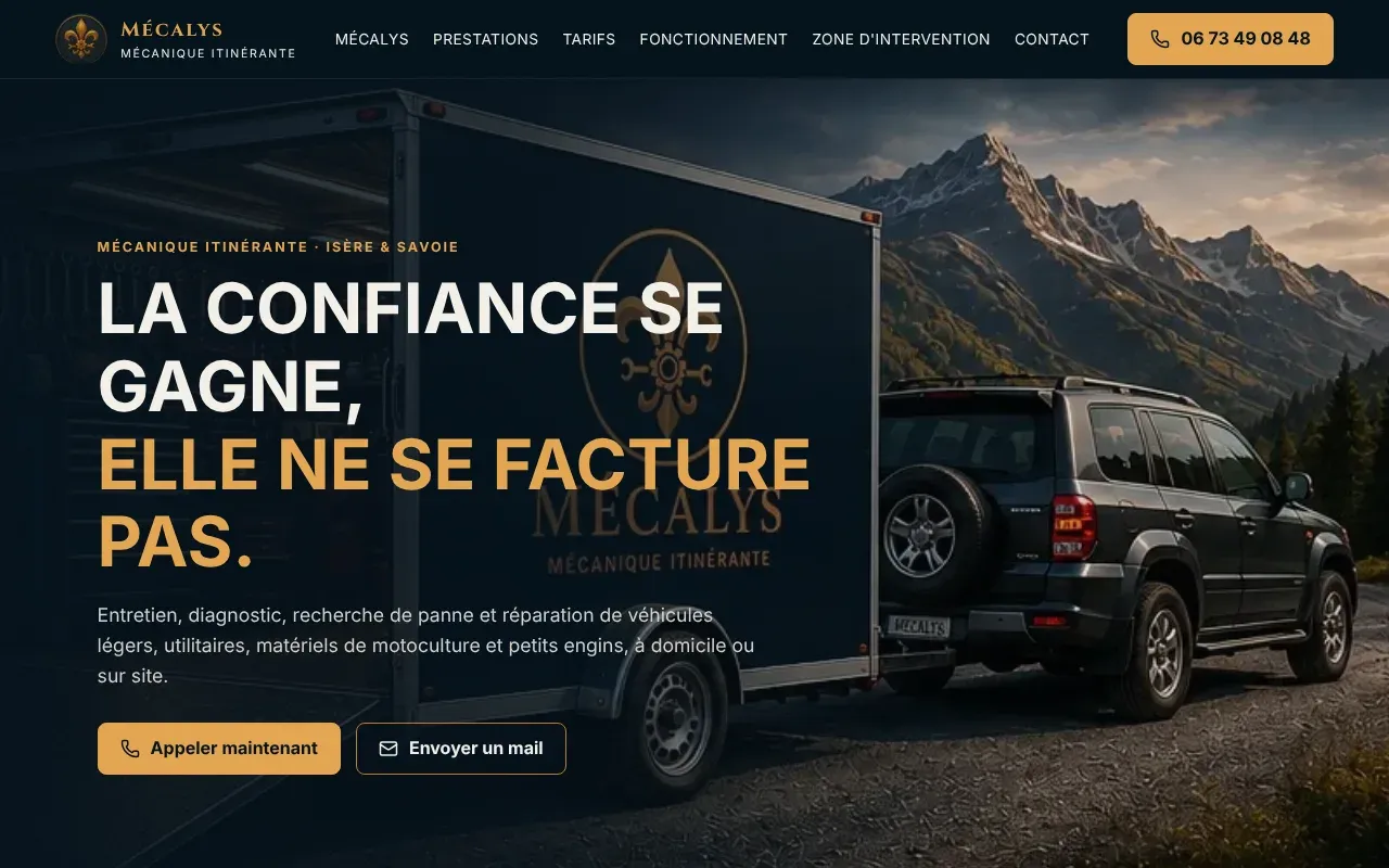 Page d'accueil du site Mécalys : titre « La confiance se gagne, elle ne se facture pas » sur une photo de camion-atelier en montagne.